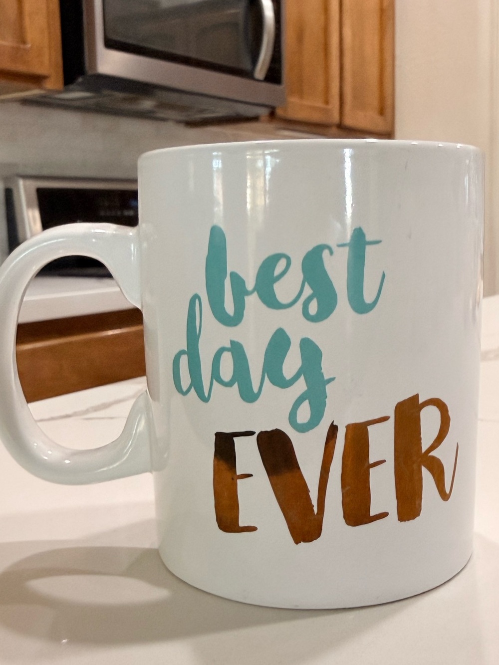 Best Day Ever" Ceramic Coffee Mug White with Teal & Brown Script